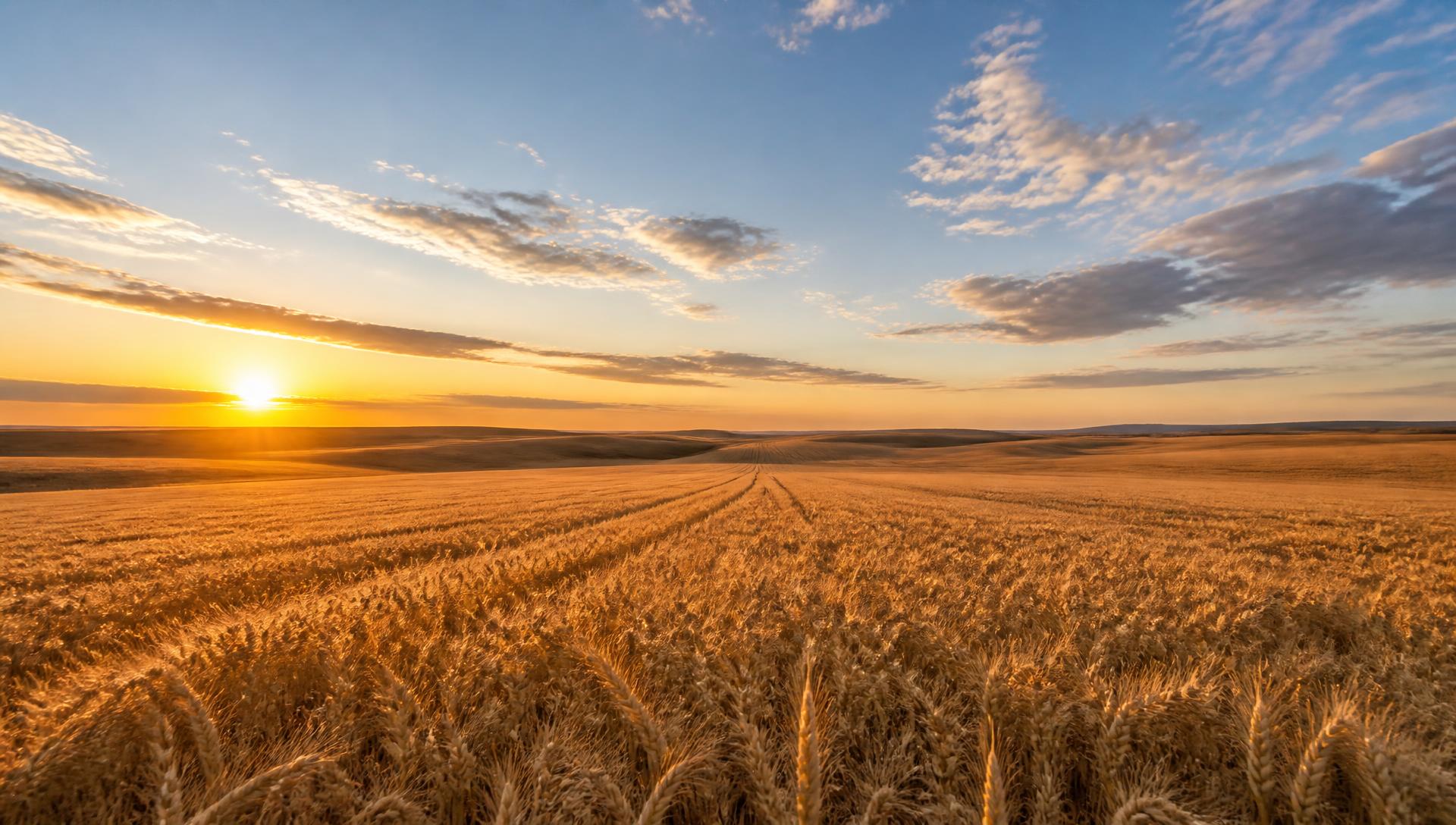 Prairie grain field at sunset